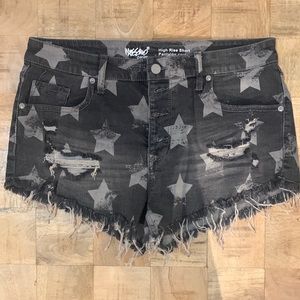 Denim jean shorts. 2” inseam. Printed. Distressed.